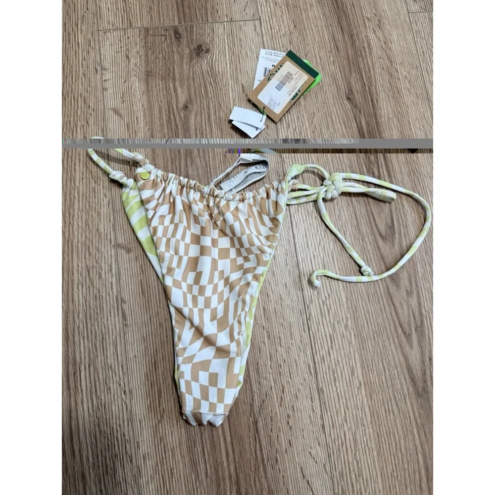 Volcom Check Her Out Tiny Bikini Bottom Women's M Tan Checkered Tie Side NWT